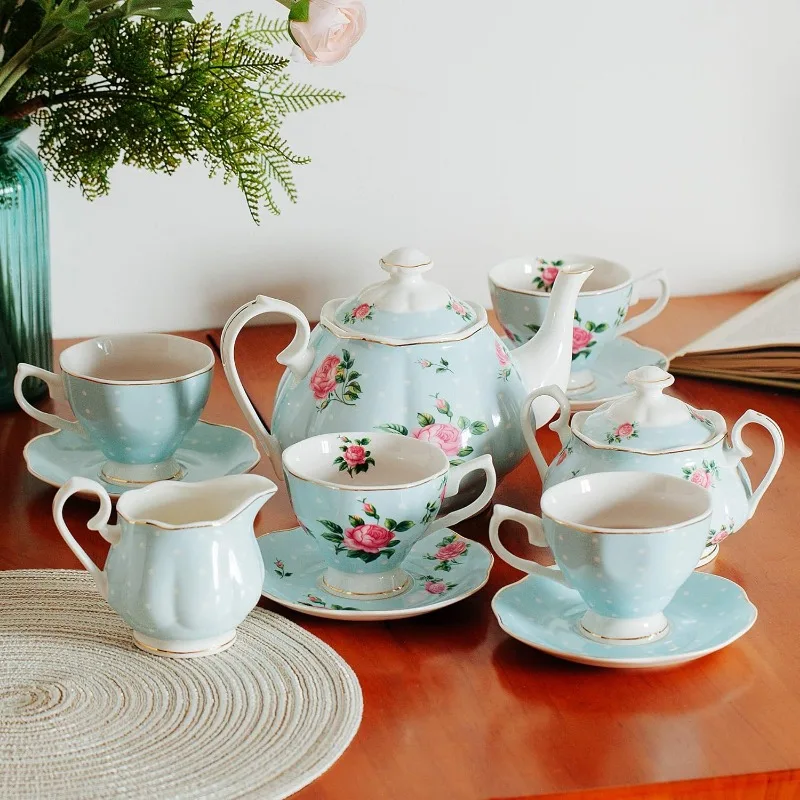 BTaT- Floral Tea Set, Tea Cups (8oz), Pot (38oz), Creamer and Sugar Set, Gift Box, Sets for Women, Cups