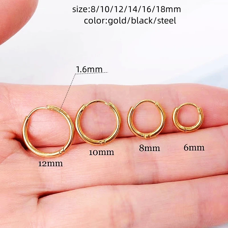 

Titanium 1.6mm Round Hoop Earrings Black Steel Gold Color 316l Stainless Steel Earring IP Plating No Fade Allergy Free