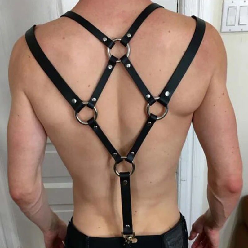 

Men Fashion Black PU Leather Chest Chain Body Jewelry Trend Punk Rock Belly Chain Bondage Suspenders Braces Decorate Supplies