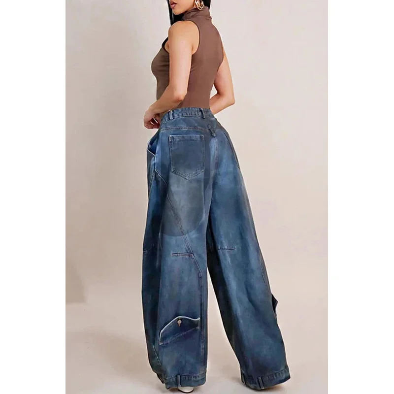 Y2K Women Loose Denim Jeans Asymmetric Button Pocket Washed Jean Casual Harajuku High Street Grunge Denim Trouders Pants 3
