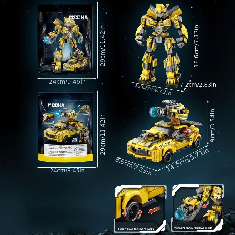 2 in 1 Mecha Roboter Auto Bausteine Spielzeug, bewegliche Gelenke, schiebende bewegliche Räder, Kinder Ziegel Spielzeug Junge Geschenk – Detail 5