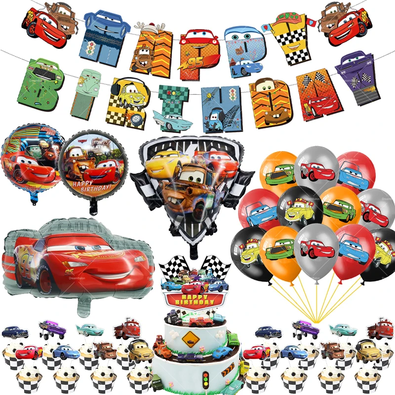 thumbnail image 1 of Globos de Disney Cars, decoración para fiesta de Rayo Mcqueen, pancarta de feliz cumpleaños, vajilla de Pixar, telón de fondo, adorno para tarta de coche de carreras, 1 of 5