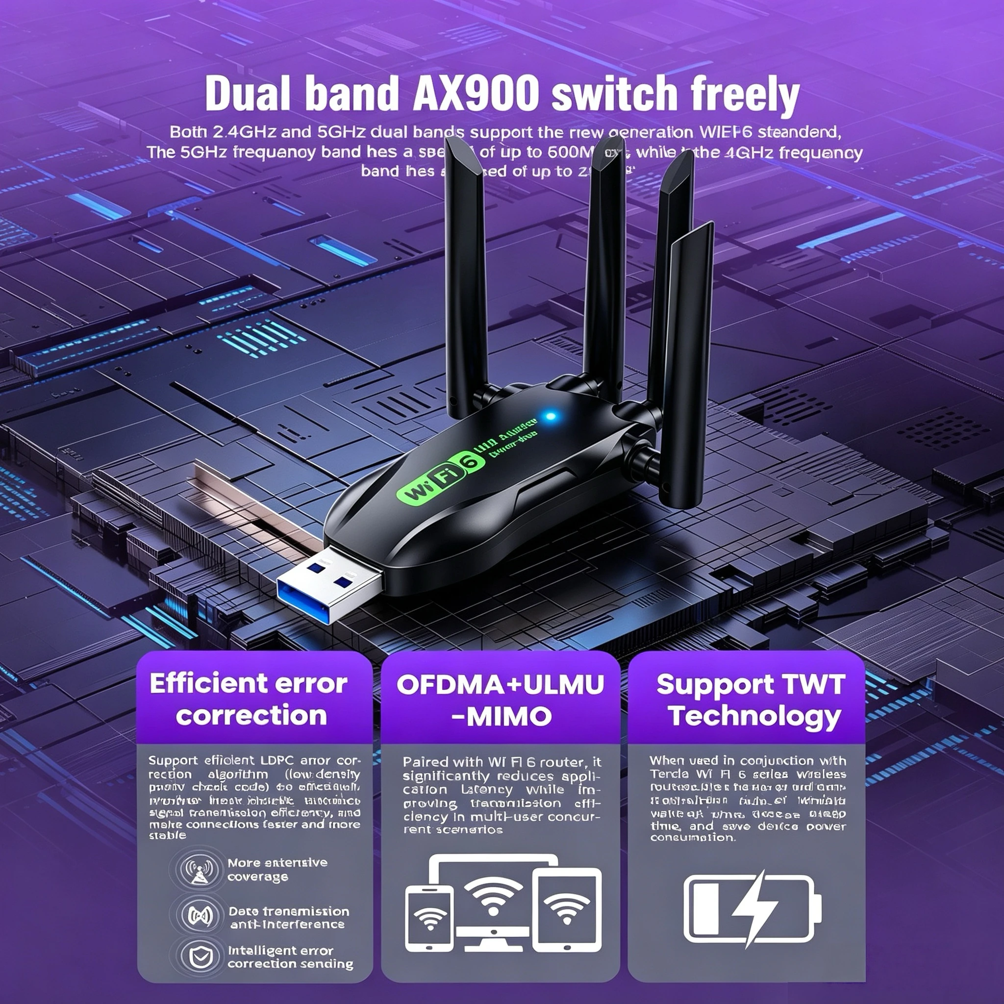 AX900WIFI6 블루투스 5.4 USB 무선 어댑터2.4G/5Ghz 900Mbps 듀얼 밴드 4안테나 WiFi 네트워크 카드 동글 WIN10/11 전용