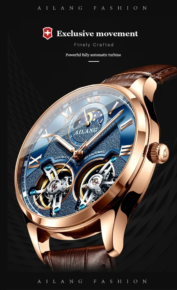 AILANG 8822 Herren Automatikuhr mit Doppel-Tourbillon, Skelett-Zifferblatt, Leuchtfunktion, wasserdicht, luxuriöse Business-Armbanduhr für Herren – Detail 3