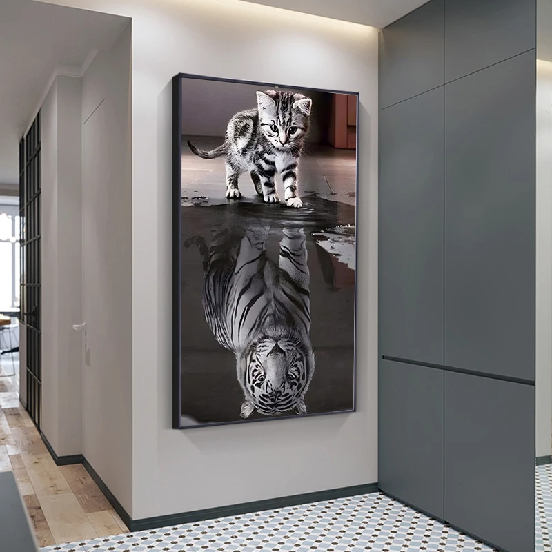 5D Diamond Painting Full Drill Tiger Mosaic Cat's Reflection Diamond Embroidery Kits Diy Rhinestones Painting Home Decor Gift