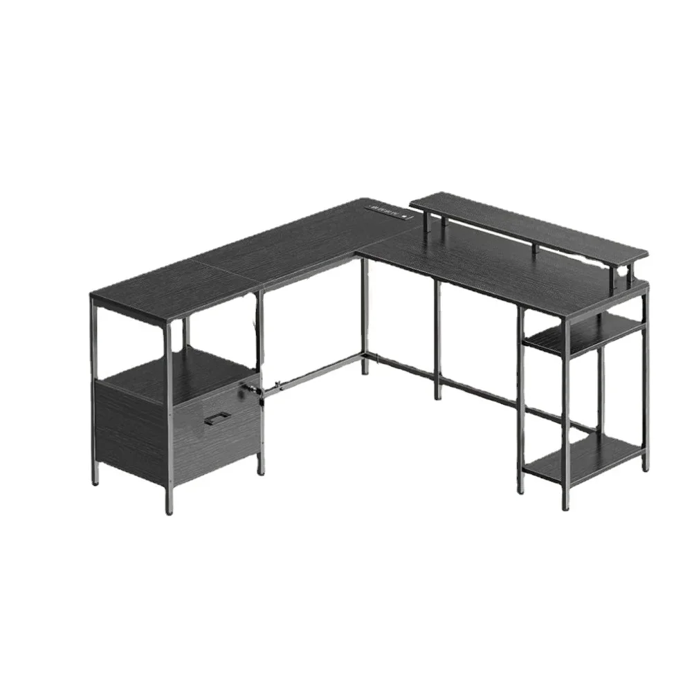 

L Shaped Gaming Desk With Filing Cabinet and Storage Shelves Gamer Table for Pc Gaming Office
