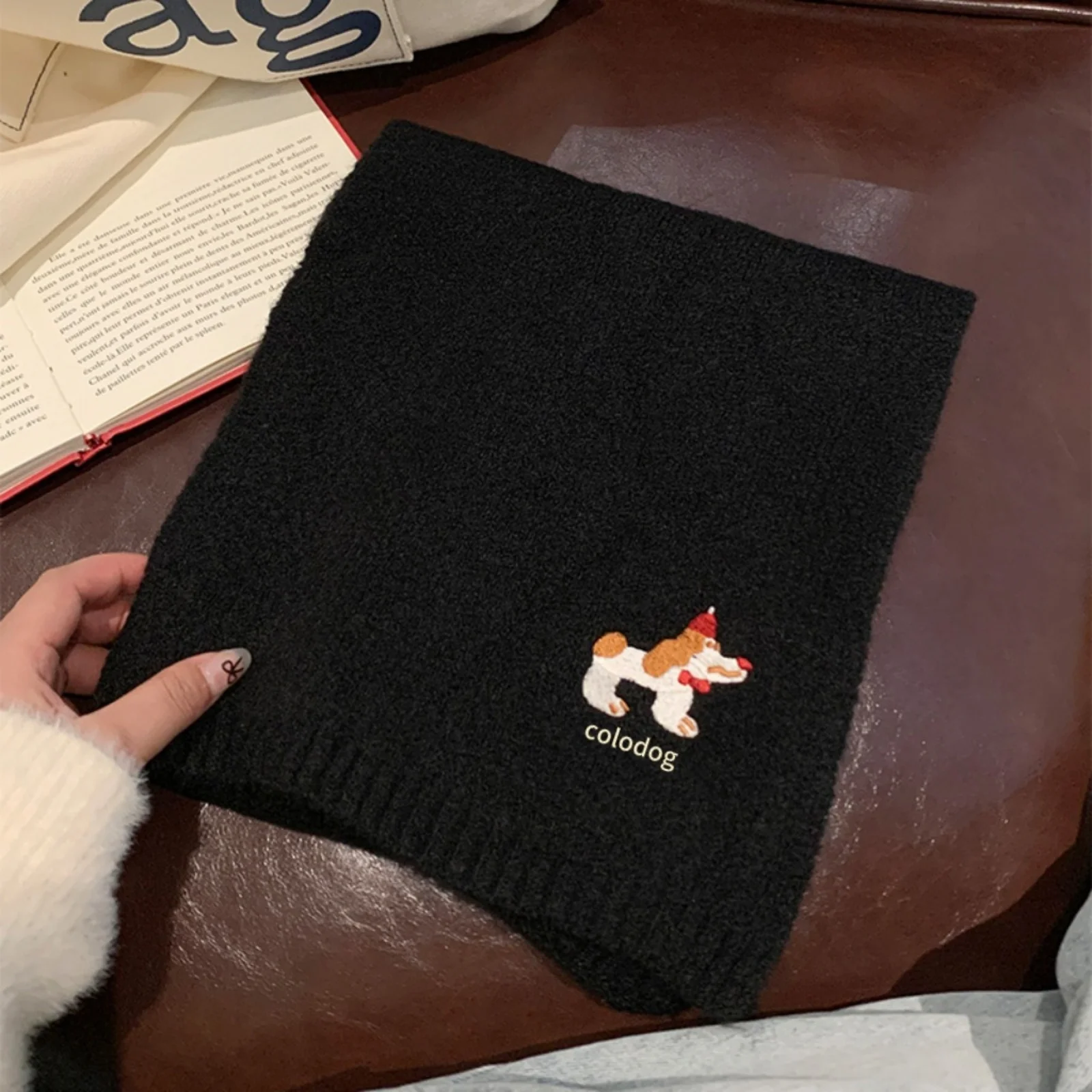 1PC Women's Autumn Winter Cute Dog Embroidered Knitted Scarf Warm Fashion Neckwear Stylish Cold Weather Accessories