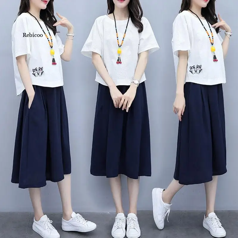 

Women Solid Cotton Linen Skirt Two Piece Sets Ladies Short Sleeve O Neck T-shirt High Waist Loose Skirts Casual Elegant Outfits