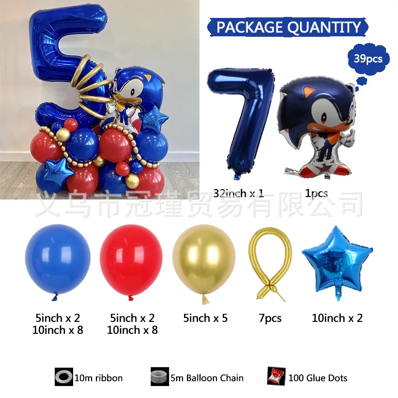 thumbnail image 1 of 39 piezas de globos de aluminio con temática de Sonic The Hedgehog, globos de números azules para cumpleaños, juego de dibujos animados, decoraciones para fiestas de cumpleaños infantiles, 1 of 5