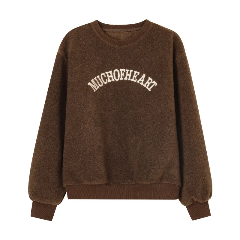 2024 Women Long Sleeve Sherpa Crop Tops Y2K Top Women T-shirt Letter Embroidery Loose Pullover Female Streetwear Tee Tops Casual