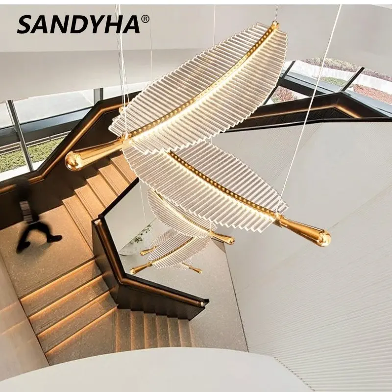 

Modern Leaf Feather LED Chandelier Lustre Acrylic Large Shopping Mall Hotel Lobby Loft Staircase Decoration Pendent Light