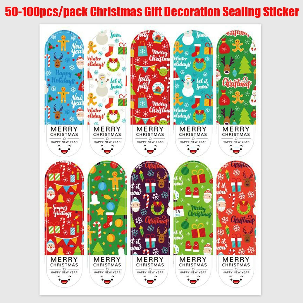 50-150pcs/pack Merry Christmas Stickers 2*7CM Santa Claus Snowman Trees Label Sticker for Holiday Gift Decoration Seals Stickers