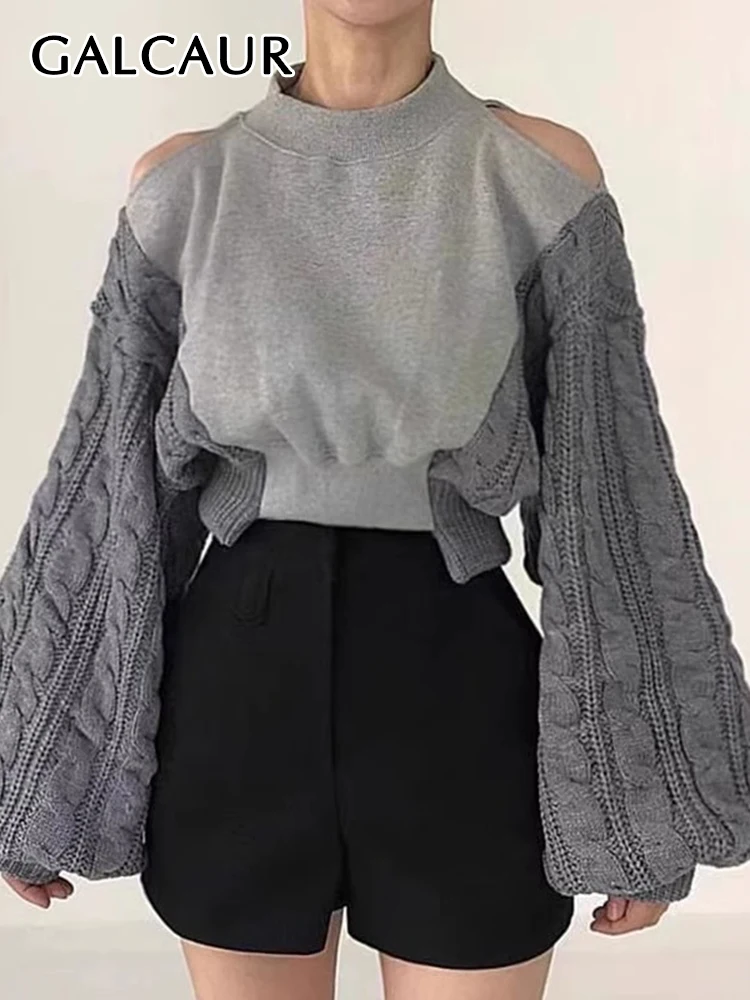 

GALCAUR Patchwork Knitting Off Shoulder Sweatershirts For Women Stand Collar Lantern Sleeve Korean Vintage Sweatershirt Female