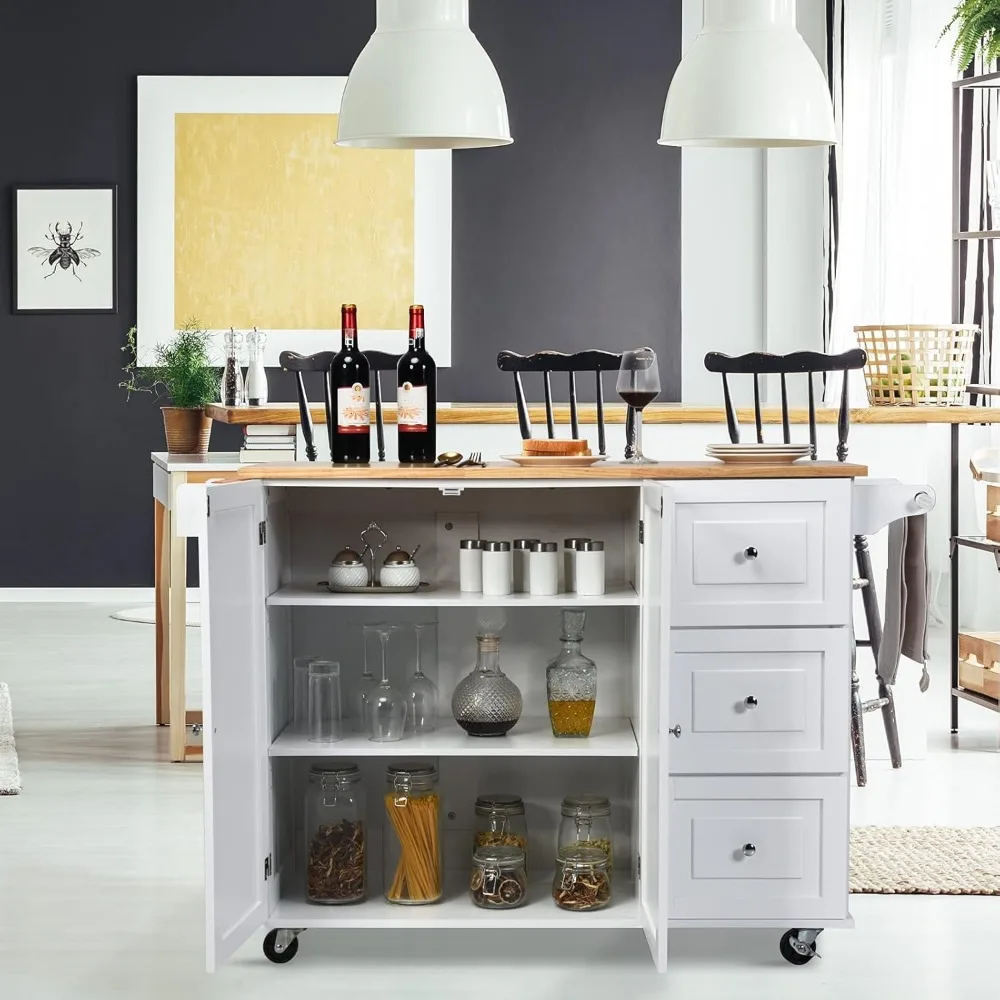 Kitchen Island Cart on Wheels Rolling Kitchen Island with Drop Leaf Top Trolley Cart with Drawers Towel Rack Bottle Rack