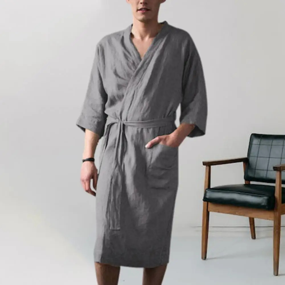 

Men Nightgown Men Bath Robe Soft Super Water Absorption Lace Up Cardigan Three Quarter Sleeves Men Bathrobe Men's sleepwear