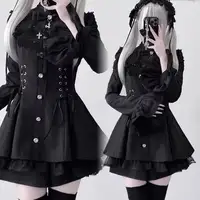 Y2k Aesthetic Lolita Style Bow Dress Shorts Set Japanese Women Gothic Lace Flare Sleeve Button Shirt Dress Punk Party Mini Dress - Image 4