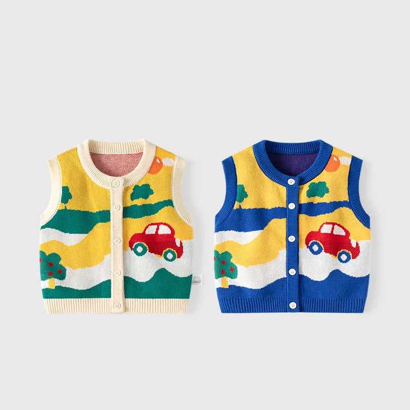 Spring Autumn Toddler Boys Knitwear Pit Striped Cartoon Car Baby Boys Sweater Woven Cotton Pastoral Style Little Waistwear