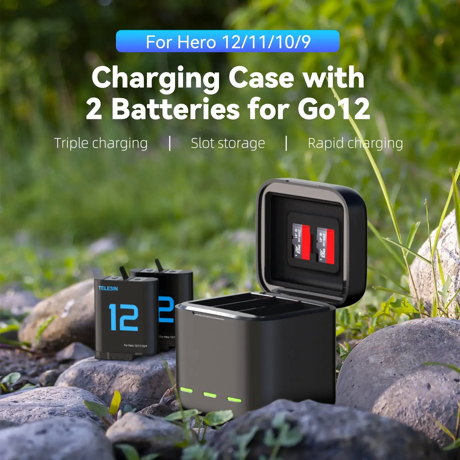 Action Camera Accessory TELESIN For GoPro Hero 12 Battery Charger 1750mAh Charging Case TF Card Storage Box For GoPro Hero 9 10 11 12 Power Accessories