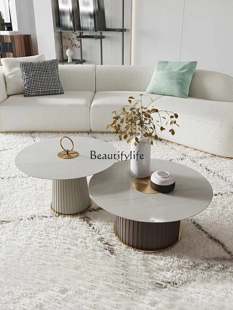 

Simple Modern round Stone Plate Coffee Table Combination Italian Light Luxury Creative Side Table