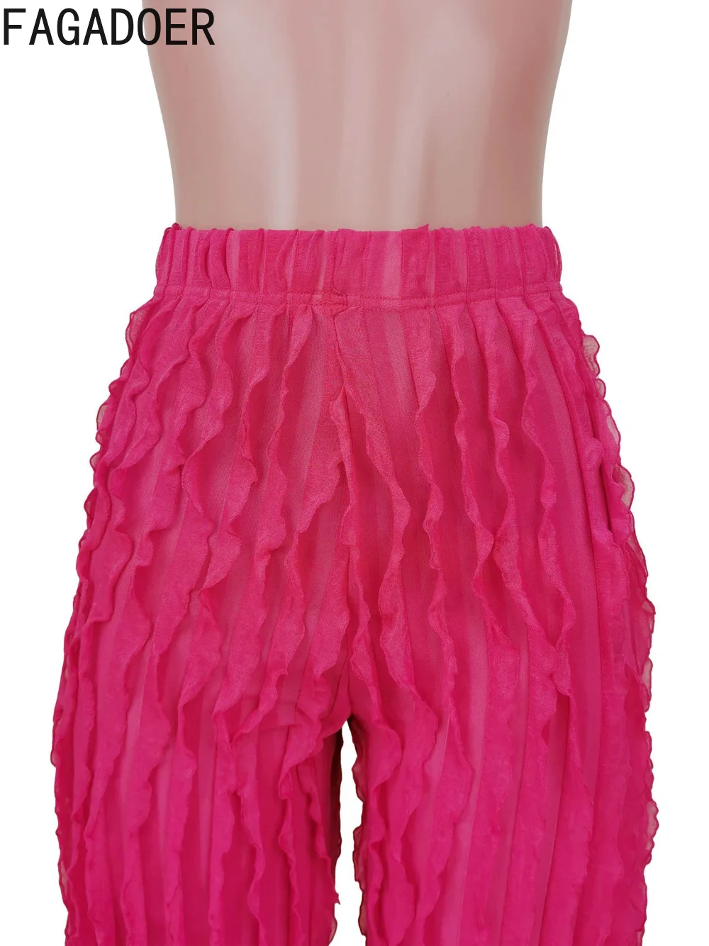FAGADOER Fashion Tassel Wide Leg Pants Womens Casual Streetwear High Waist Stretchy Ruffles Mesh Pants Sexy Trousers Club Wears
