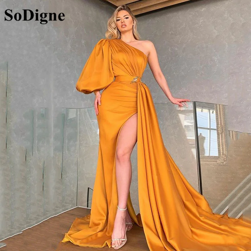 

SoDigne Orange Mermaid Prom Dress One Shoulder Puff Sleeve Appliques Slit Women Long Formal Evening Party Elegant Gowns