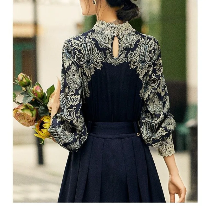 Retro Women's Half High Neck Bottom 2023 Spring Autumn New Fashion Print Spliced Lace Long Sleeve Loose Silk Pullover Shirt Tops