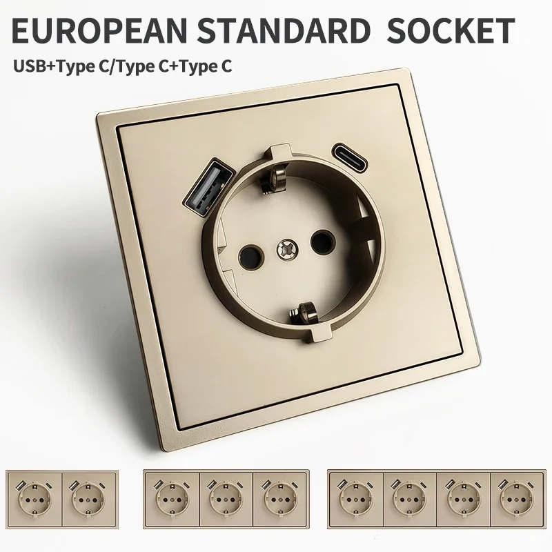 เต้ารับไฟฟ้าแบบติดผนัง EU Schuko พร้อมพอร์ตชาร์จเร็ว USB Type-C 2 ช่อง, ดีไซน์ทันสมัยขนาด 80x80 มม. รองรับ 16A 250V, 1 ถึง 5 ช่องเสียบสำหรับบ้านและสำนักงาน 1