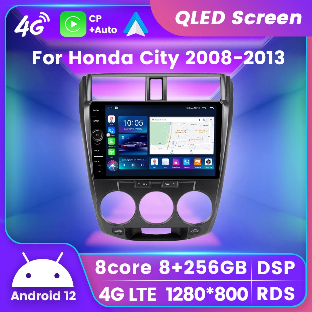 

FYT 10-дюймовый QLED экран 8-ядерный Android 12 автомобильное радио для Honda City 2008-2013 GPS 4G LTE WIFI AI Voice 360 панорама 2Din без DVD