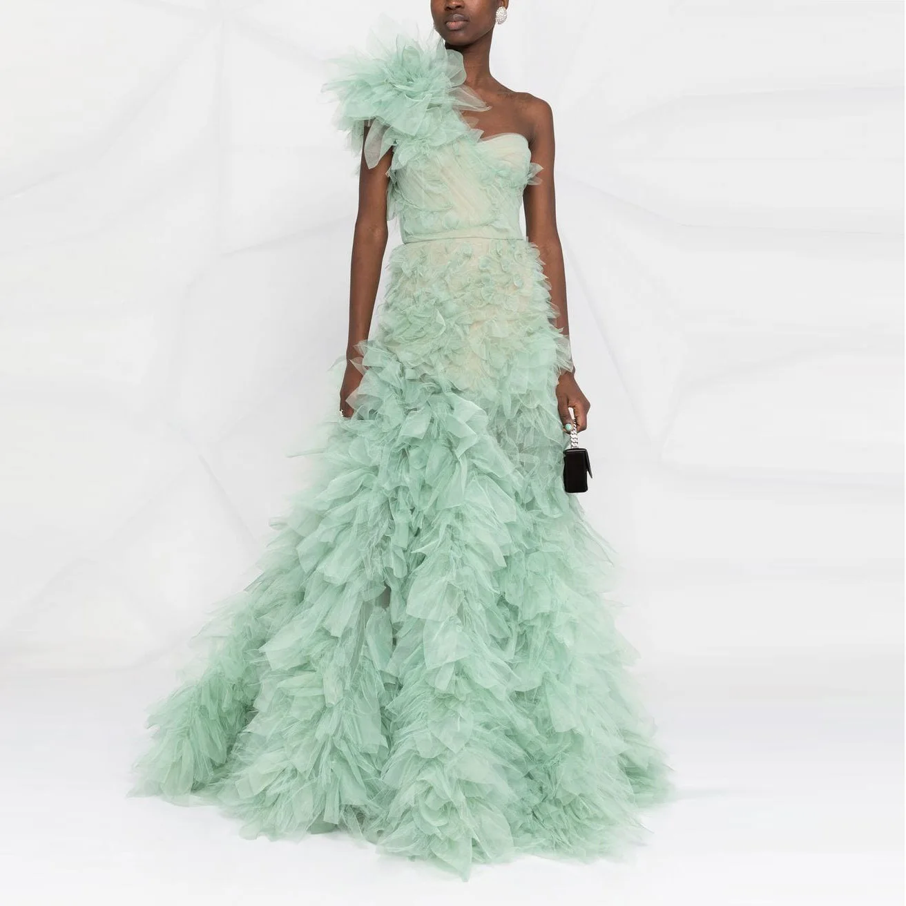 

Mint Ruffle One Shoulder Prom Gown Women Maxi Party Dresses Puffy Tiered Tulle Evening Formal Dress فستان سهرة Celebrity Dress