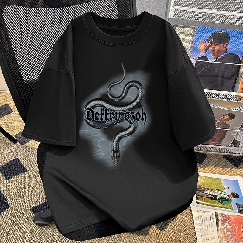 

Футболка с принтом змеиной кожи для мужчин и женщин, Модный повседневный удобный топ темного цвета с коротким рукавом, с надписью King, на лето