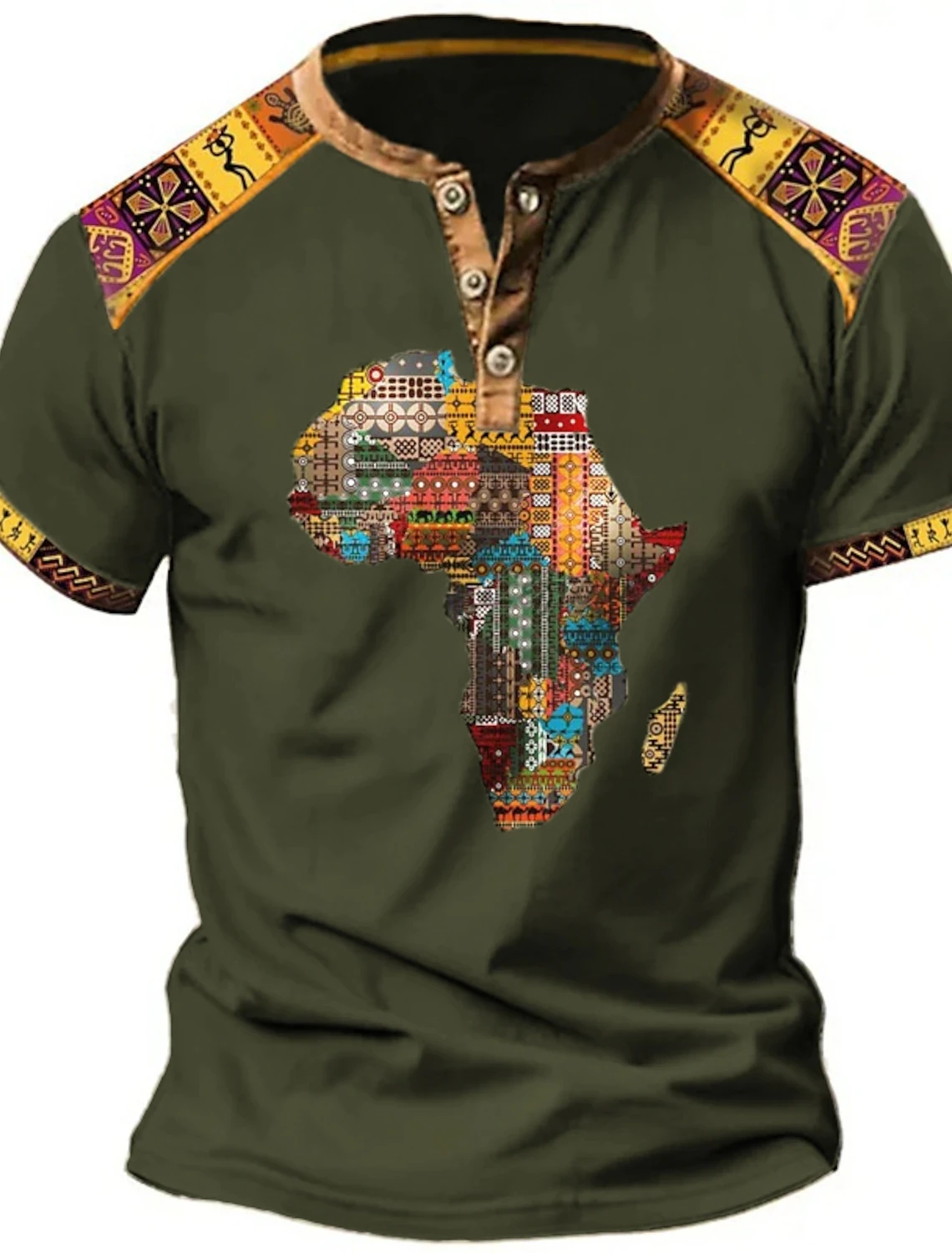 Vintage Men's T Shirt Africa Global 3D Printed T Shirt V Neck Button Oversized Short Sleeve Outdoor Streetwear Tops Clothing