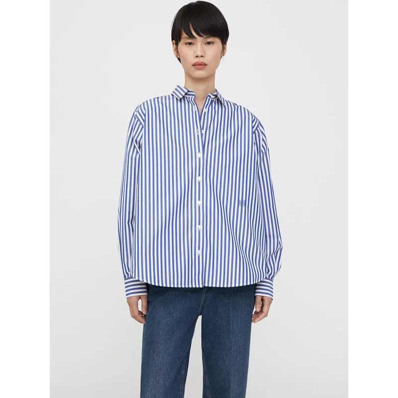 

TOTEME Embroidery LOGO Striped Cotton Shirt Women 2023 Fall New Casual Commuter Loose Lapel Long-sleeved A-line Women Shirt