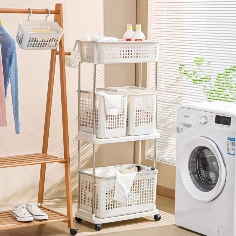 Bathroom Storage Trolley Multifunctional Layer Rolling Cart Washing Shelf Dirty Clothes Basket Laundry Storage Trolley