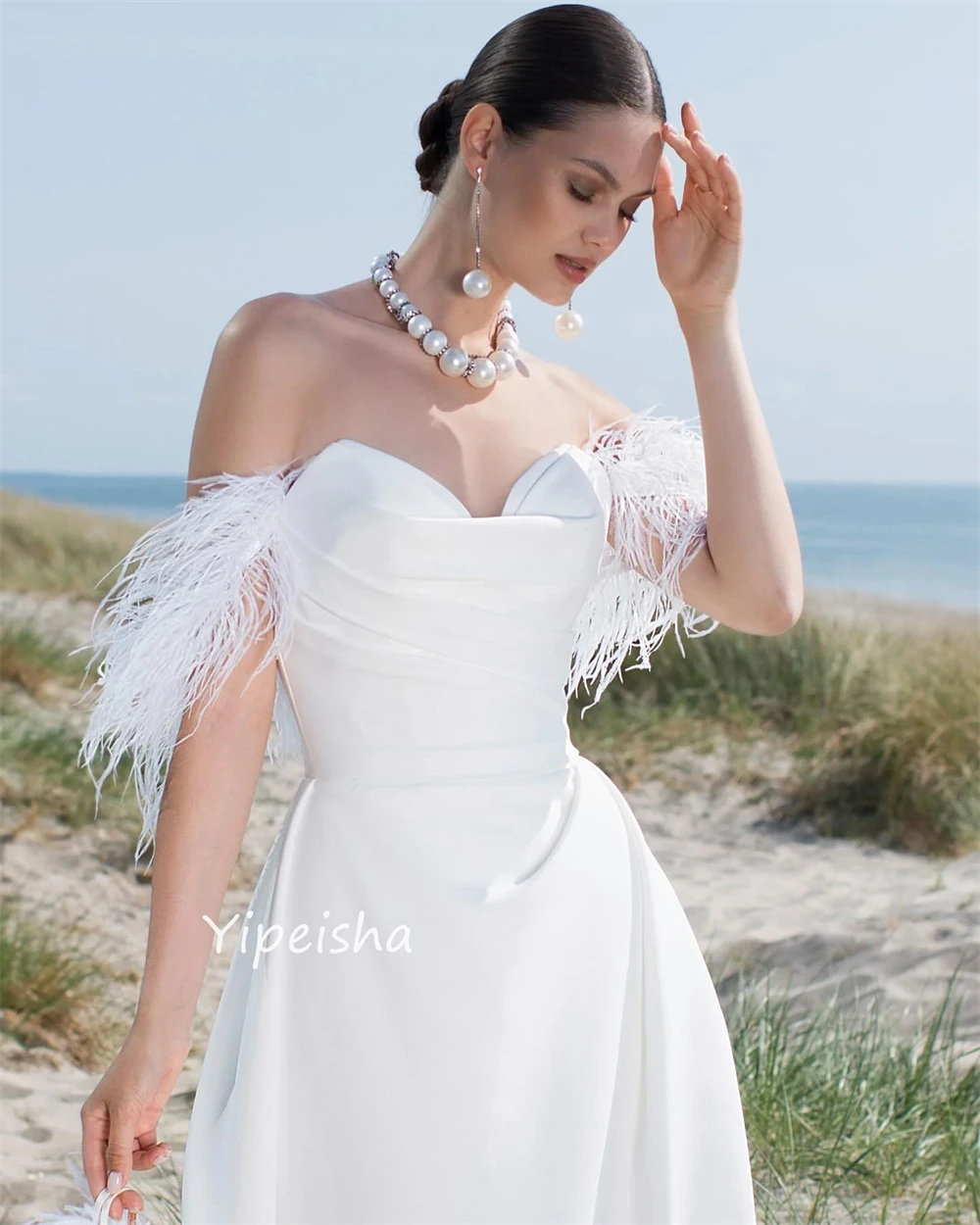 Yipeisha Exquisite High Quality Off-the-shoulder Ball gown Feathers Draped Floor length Charmeuse Evening Dresses