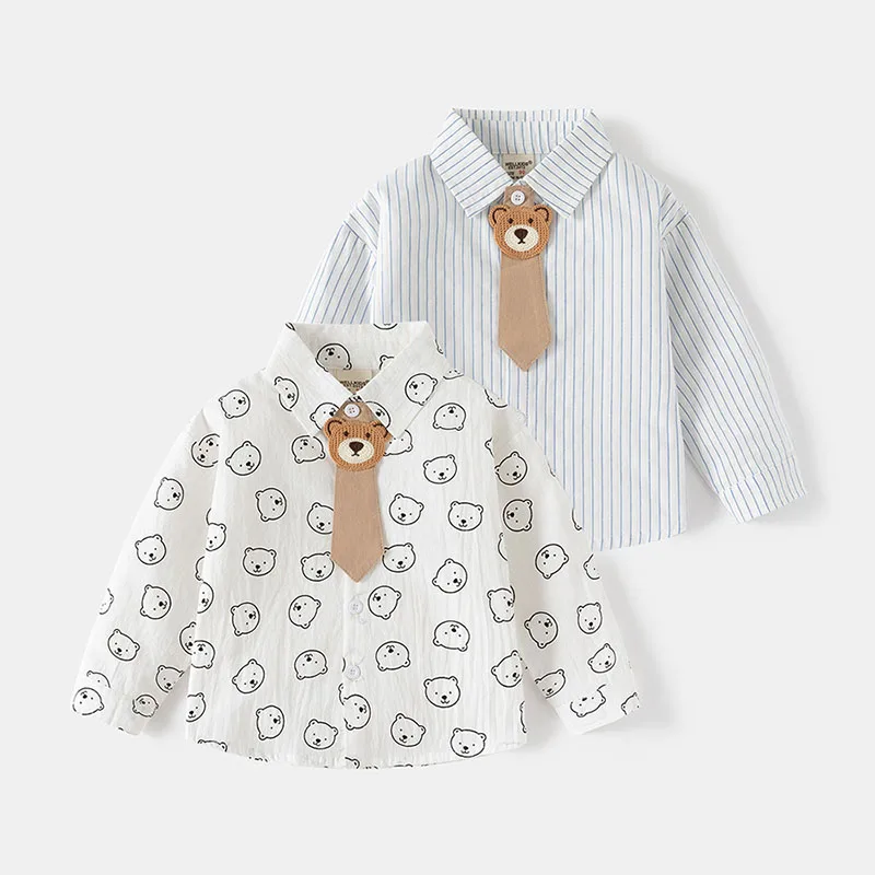 Cute Bear Kids Shirt Cartoon Stripe Blouse for Boys Girls