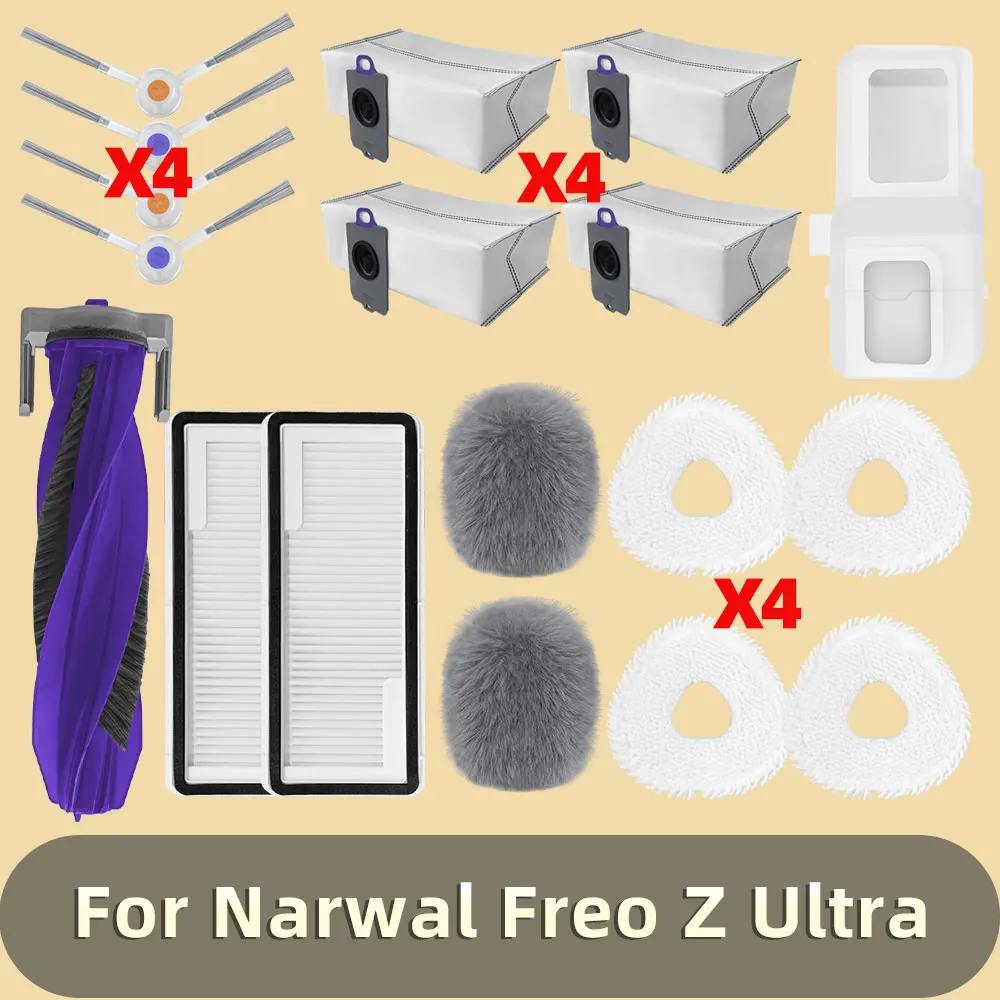 Dxyue 11Pcs Vervanging Accessoires Onderdelen Voor Narwal Freo X Ultra/Voor Narwal J4/J4 Lite Robot Stofzuiger, 1 Hoofdborstel 4 Zijborstel 2 HEPA Filter 4 Mop Doek Pads