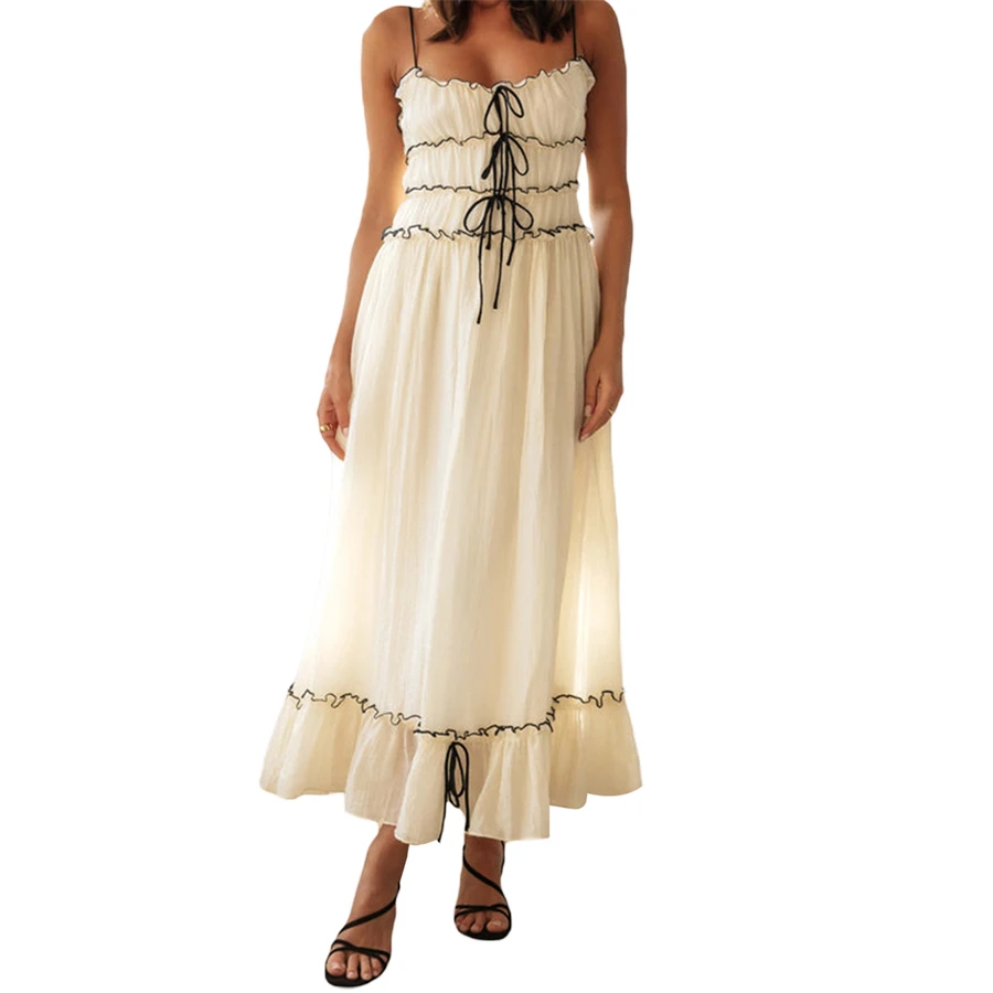 

Women Spaghetti Strap Flowy Hem Long Dress Prairie Chic Summer Sleeveless Backless Pleated Tie-up Swing Dress A-Line Beach Dress