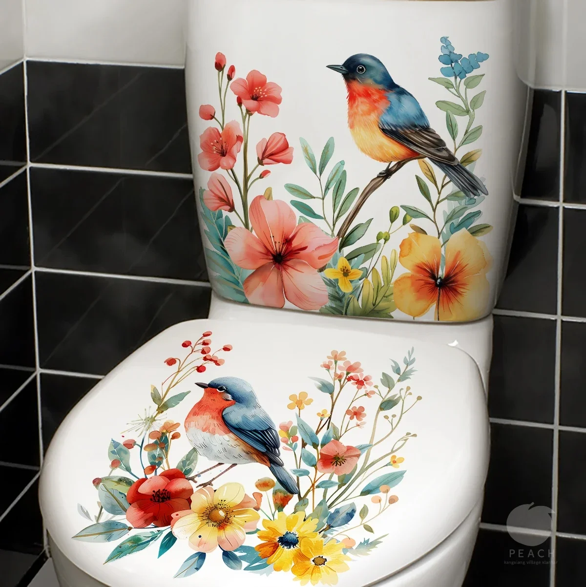 Toilet Stickers 2PCS DIY bathroom sticker bird flower design for bathroom water tank decoration detachable waterproof