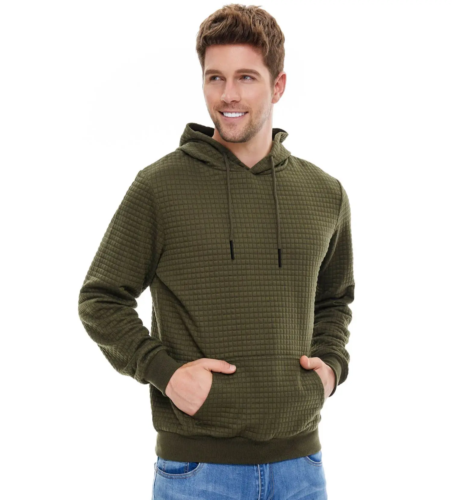 Men Autumn Hoodies Long Sleeve Plaid Jacquard Pullover Drawstring Kanga Pockets Casual Hooded Sweatshirts Streetwear Clothing