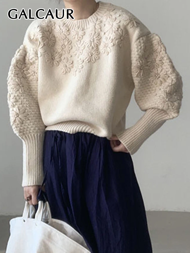 

GALCAUR Floral Embroidery Knitting Sweater For Women Round Neck Long Sleeve Korean Autumn Casual Solid Pullover Sweaters Female
