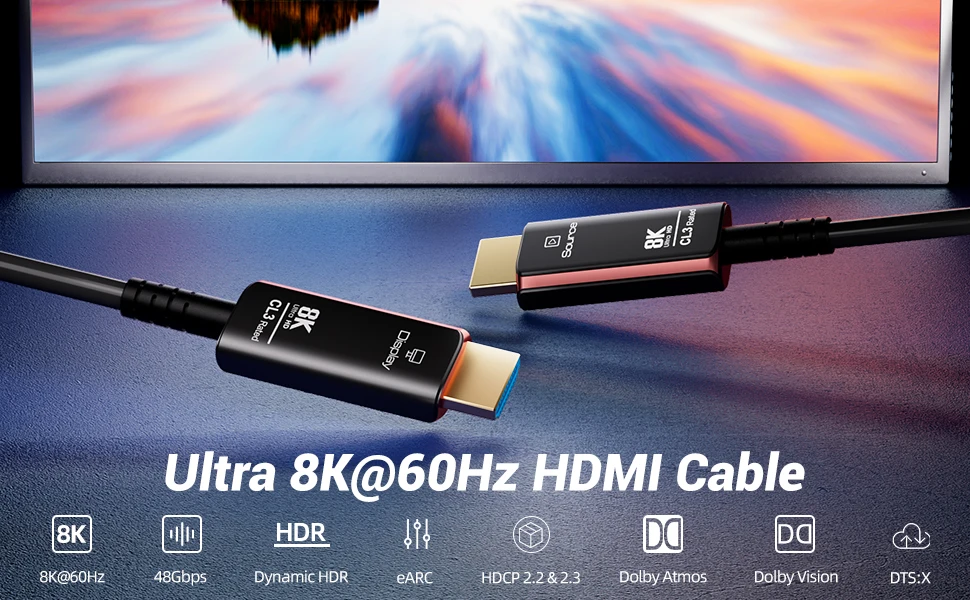 Langes 8K HDMI 2.1 Kabel [Wandmontage geeignet, CL3-zertifiziert, 48Gbps, Hochleistungskabel] 8K60Hz 4K120Hz kompatibel mit PS5/4, SoundBar, AVR, UHD TV – Detail 2