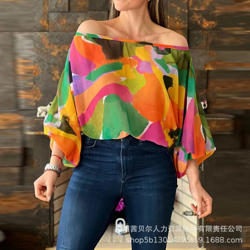 

Off Shoulder Allover Print Lantern Sleeve Top T-Shirts Y2k Top Beach Holiday Tees Women Clothes