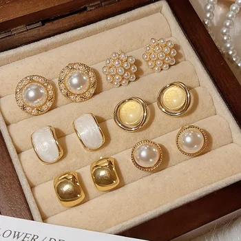 12-Piece Set of Elegant Imitation Pearl Square and Round Earrings, Women's Daily Wear Holiday Accessories Gift 1