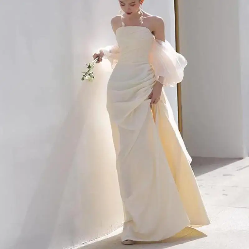 Simple Women's Wedding Dresses Classic Strapless Long Bridal Dresses New Sexy Backless Split Birthday Party Dress