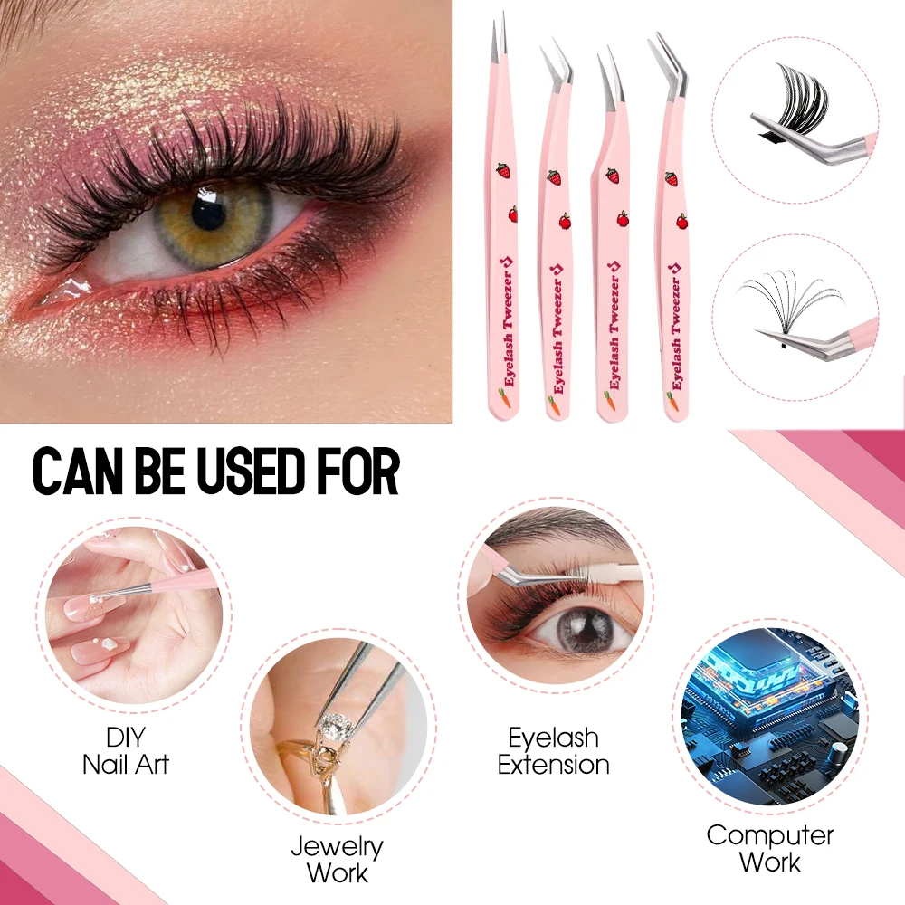 Eyelash Tweezers Pink Strawberry Stainless Steel Superhard Tweezers For Lash Extension High Precision Anti-Static Makeup Tweezer 4