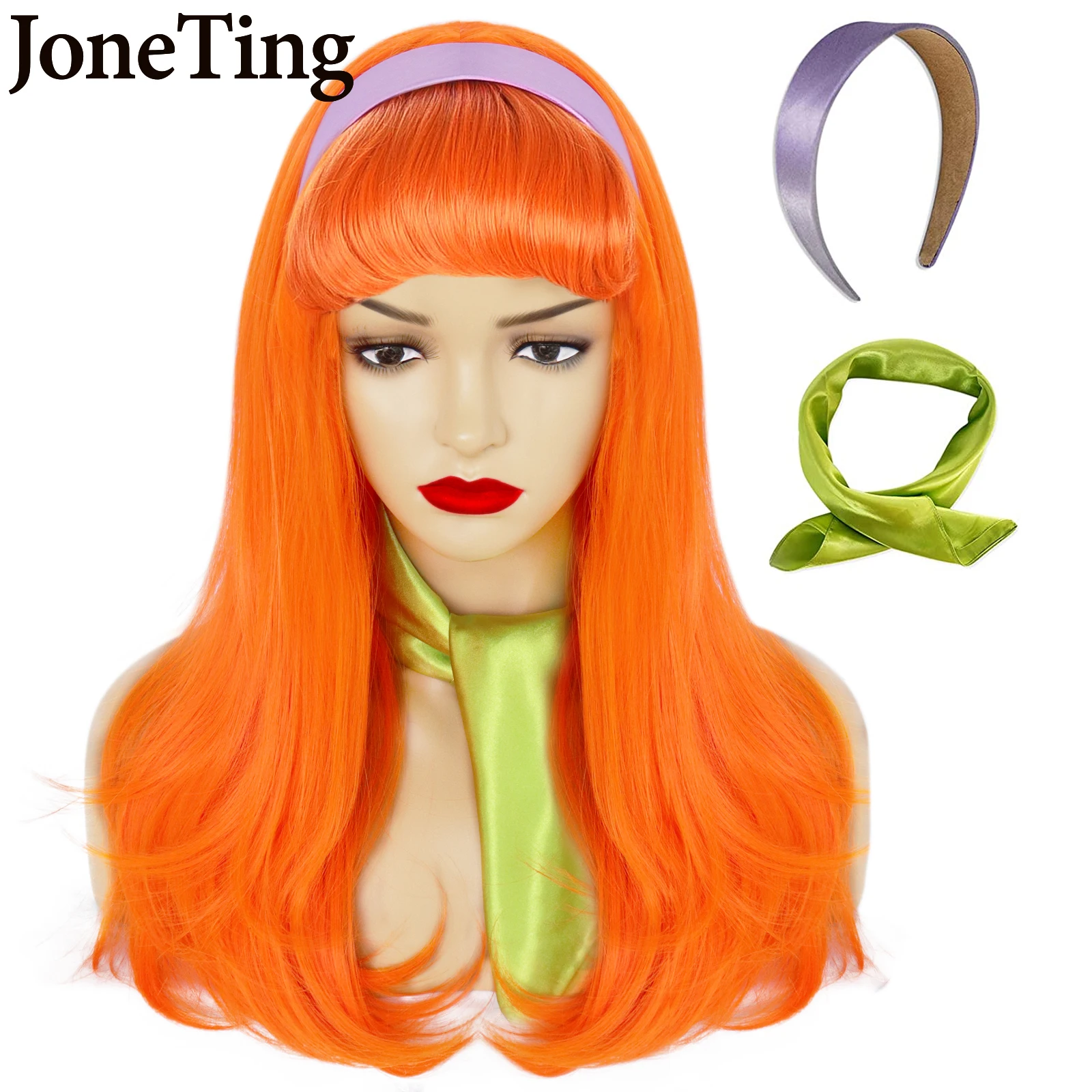 JT Synthetic Orange Long Straight Hair with Bangs Wig Daphne Cosplay Wig With Headwear Green Scarves Lolita Halloween Role Wig