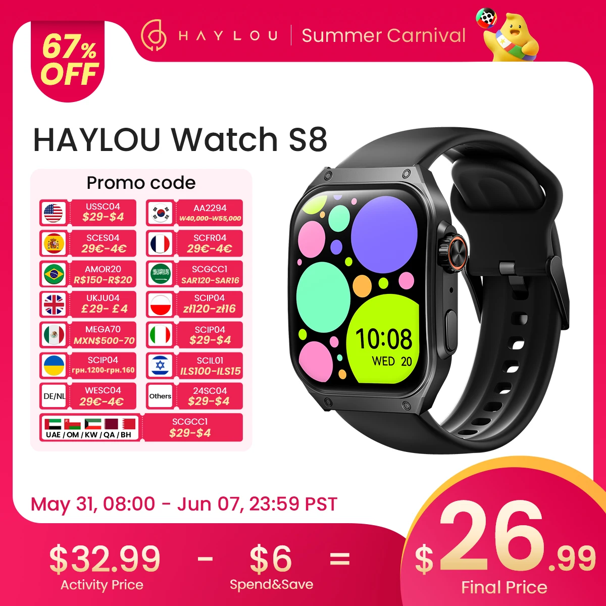 HAYLOU Watch S8 Smartwatch 1.96'' AMOLED Curved Screen BT5.3 Bluetooth Call AI Voice Assistant 20 Days Smart Watches for Men
