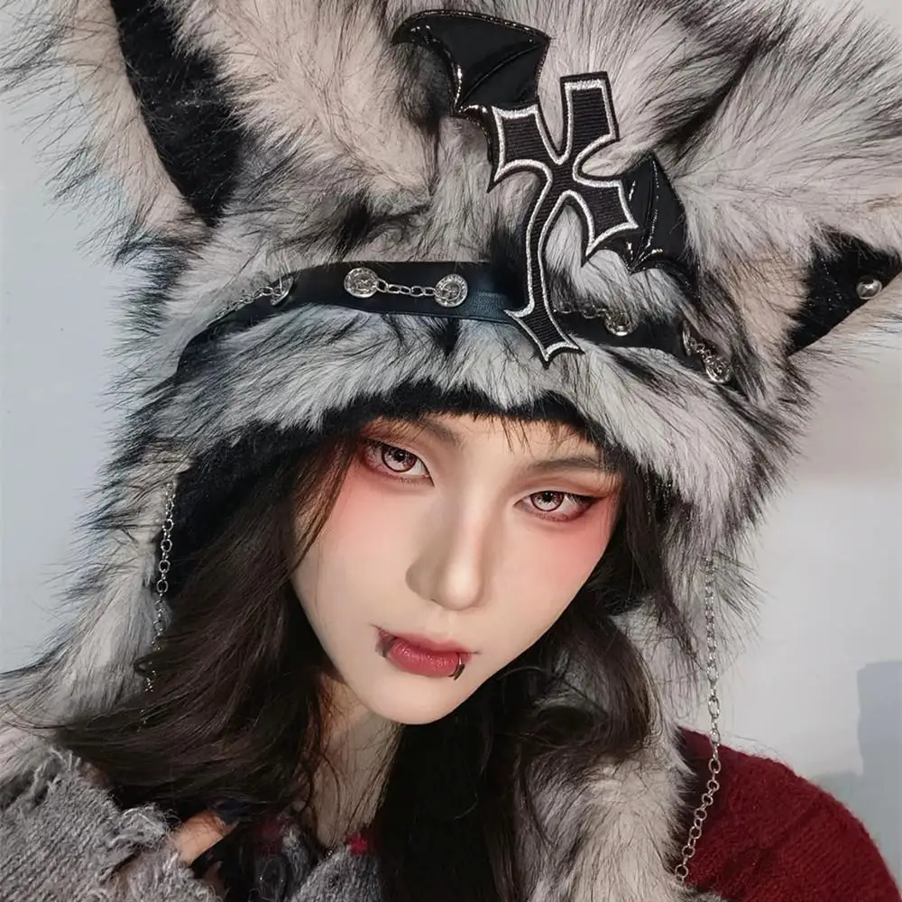 Gothic Punk Fluffy Fur Scarf Hat Archi Cross Chain Wolf Furry Ears Cap Winter Thicken Warm Cap Y2K Gothic Fursuit Cosplay Props