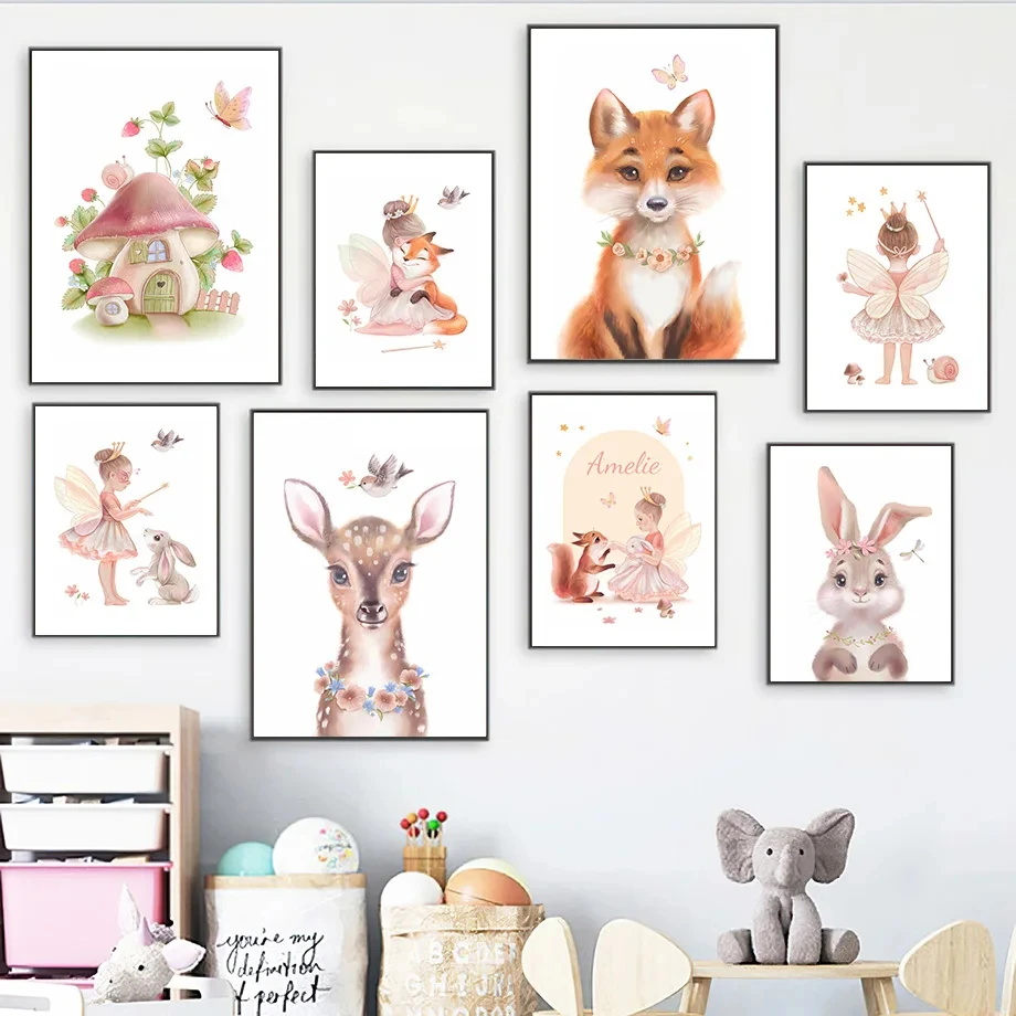 

Nordic Posters and Prints for Nursery, Princess Girl, Butterfly, Mushroom, Rabbit, Deer, Wall Art, Canvas Painting, Pictures, Ki