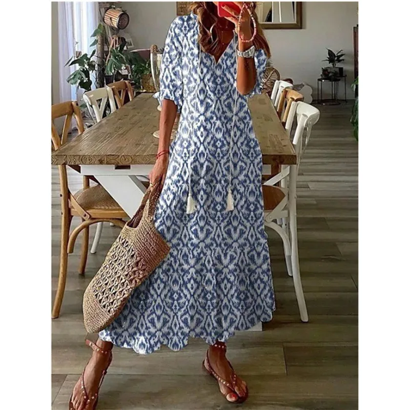 

Vintage Casual Loose Print Dress 2024 New Spring Half Sleeves A-line Maxi Dress Big Size 3XL Women Beach Elegant Vacation Dress